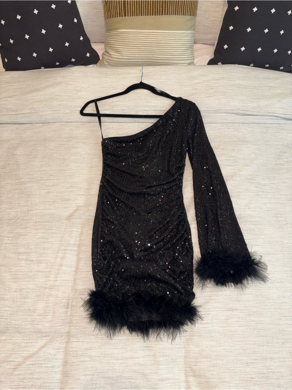 Windsor Black One-Shoulder Sequin Mini Dress with Feather Trim